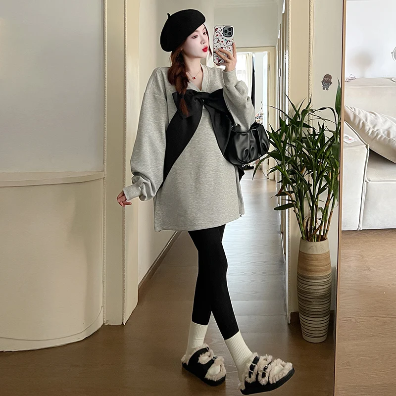 Korean Style Plus Size Maternity Hoodies with Large Bowknot Long Sleeve V-neck Fashion Pregnant Woman Sweatshirts Loose Pullover