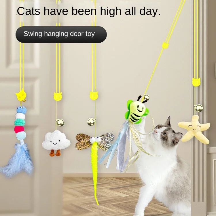 

Interactive Cat Toy Hanging Door Simulation Automatic Caterpillar Sticky Disc Elastic with Bell Hanging Door Teasing Kitten Toy