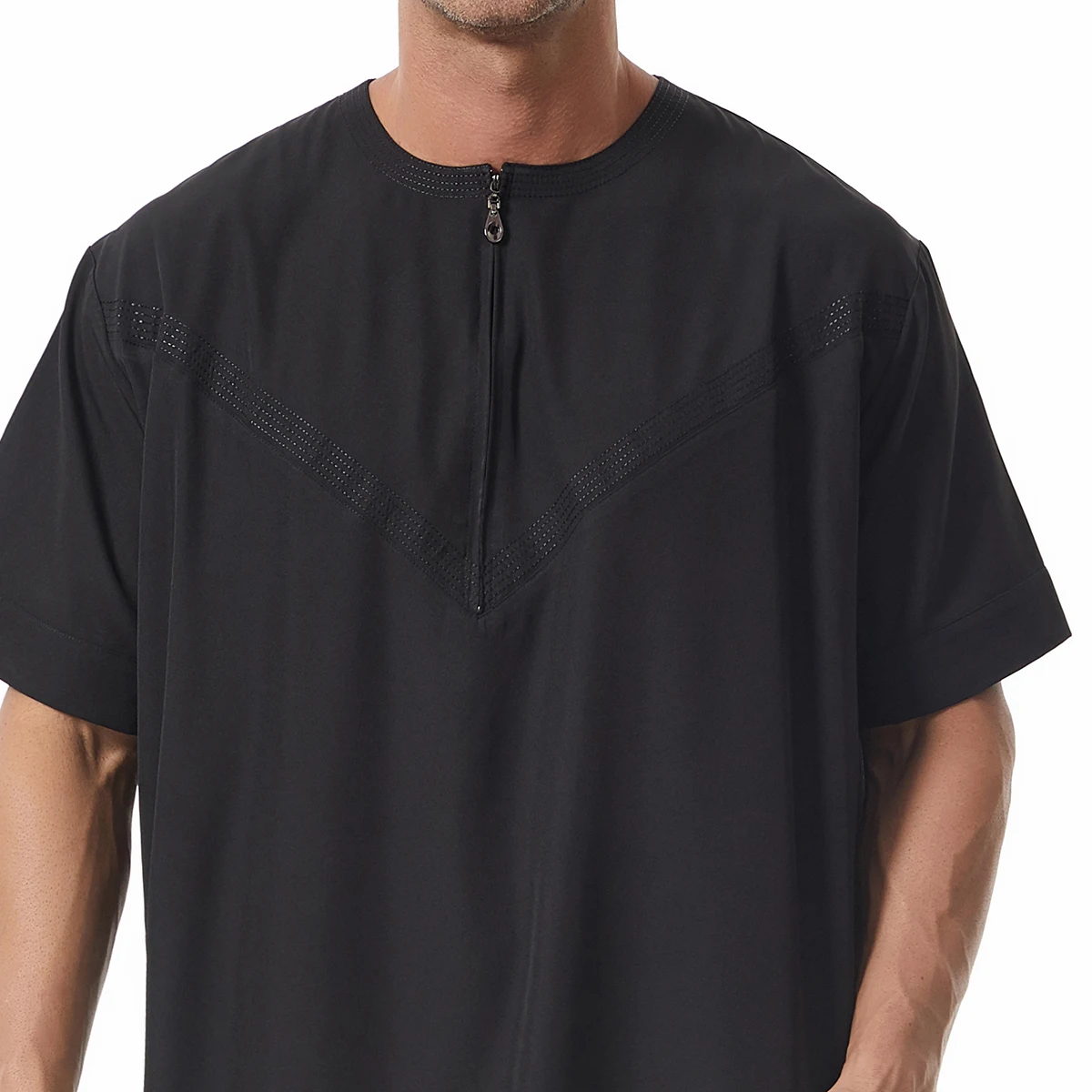 TH846 الرجال الإسلاميين الرجال قصيرة الأكمام الياقة المستديرة لون نقي سستة رداء رمضان عيد جوبا ثوب