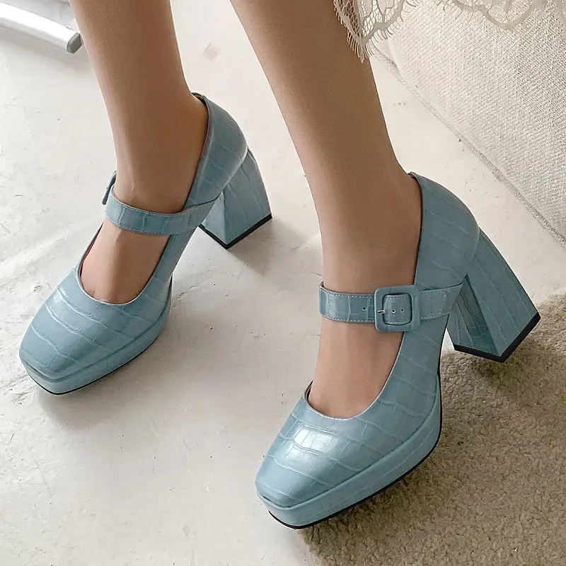 2022 Spring New Blue Yellow Brown Lady Pumps Plus Size 33-43 Office Dress Platform Mary Janes Shoes Chunky High Heels For Women