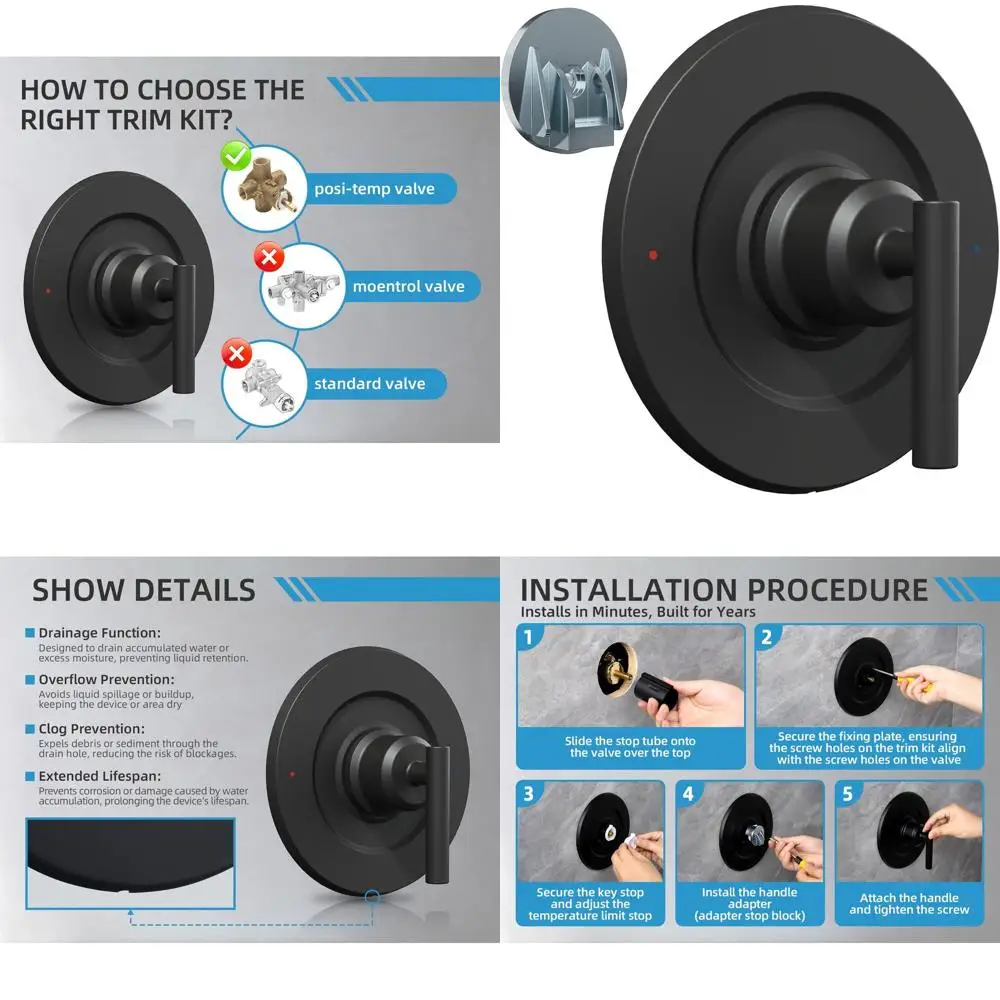 

Moen T2901BL Альтернатива: матовый черный однотонный металлический комплект однорычажных ручек для душа Gibson Posi-Temp/трубовых клапанов 2510/2520/2570/