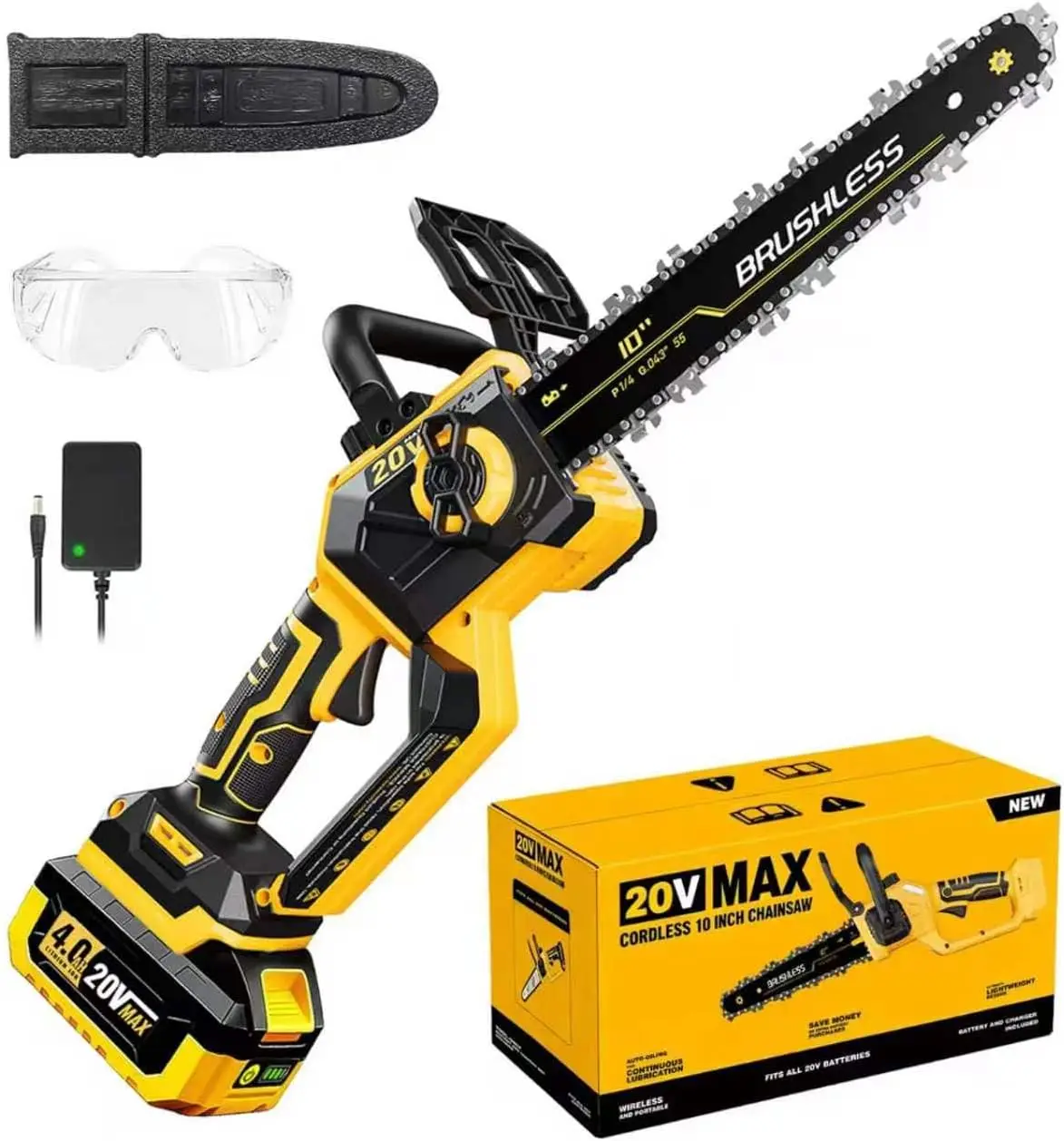 10 Inch Cordless Electric Chainsaw, 1000W Brushless Handheld Saw Compatible with 20V Battery, Includes 4.0Ah Battery