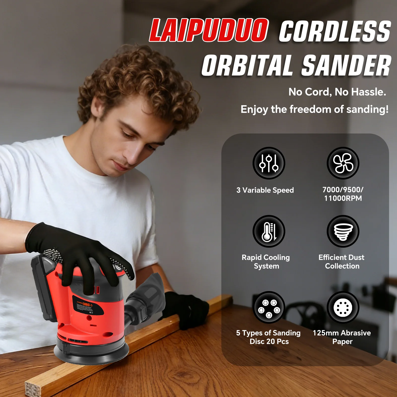 Electric Random Orbital Sander 125mm 3 Speed Wood Sanding Polishing Machine with 20Pcs Sandpapers for Milwaukee 18V Battery Pin