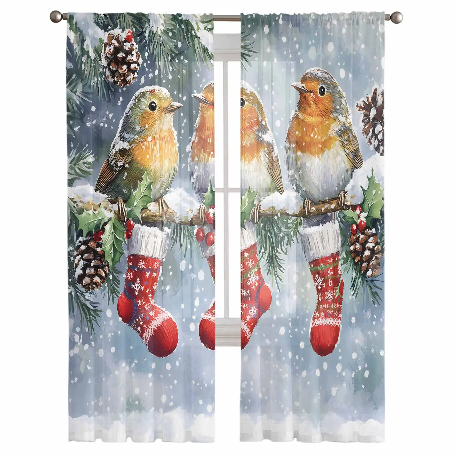 Christmas Winter Bird Christmas Socks Bedroom Transparent Sheer Curtains Holiday Decoration Window Voile Tulle Curtain