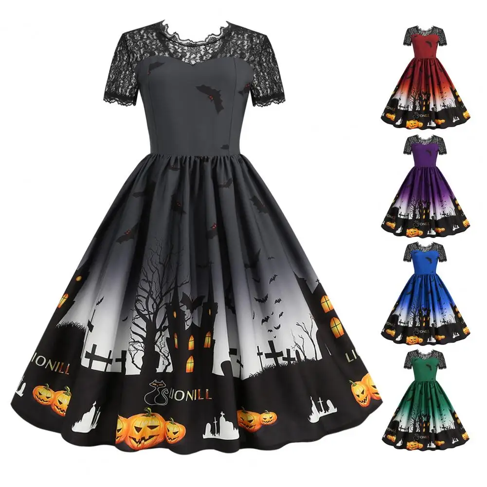 

Lace Halloween Dress Women Vintage Party Costumes Elegant Evening Prom Dresses Retro A-line Big Hem Haunted Bat Printed Cosplay