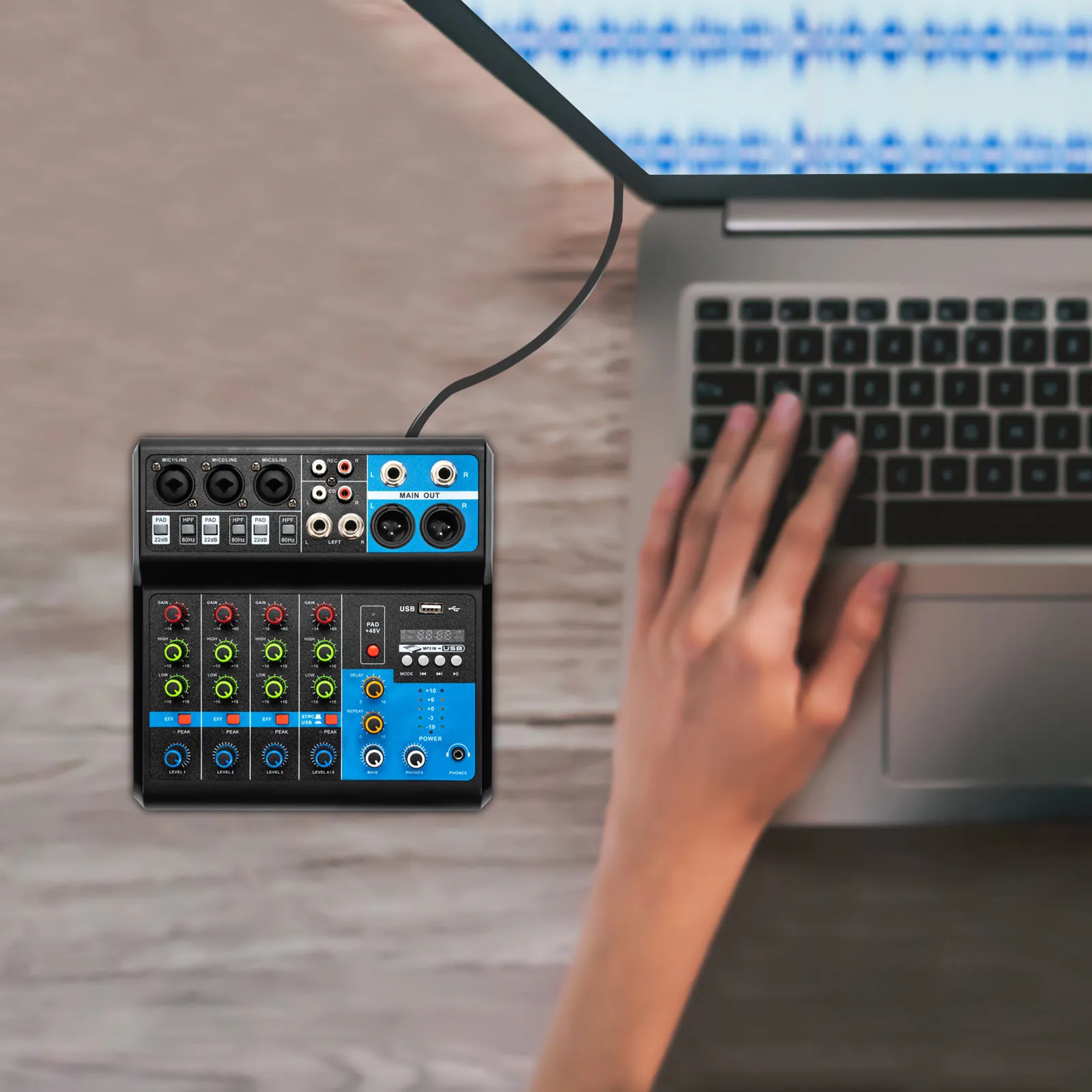 5 Channel Audio Mixer with Bluetooth USB 48V Phantom Power Reverb Effects for Live Streaming Karaoke Recording DJ Performance