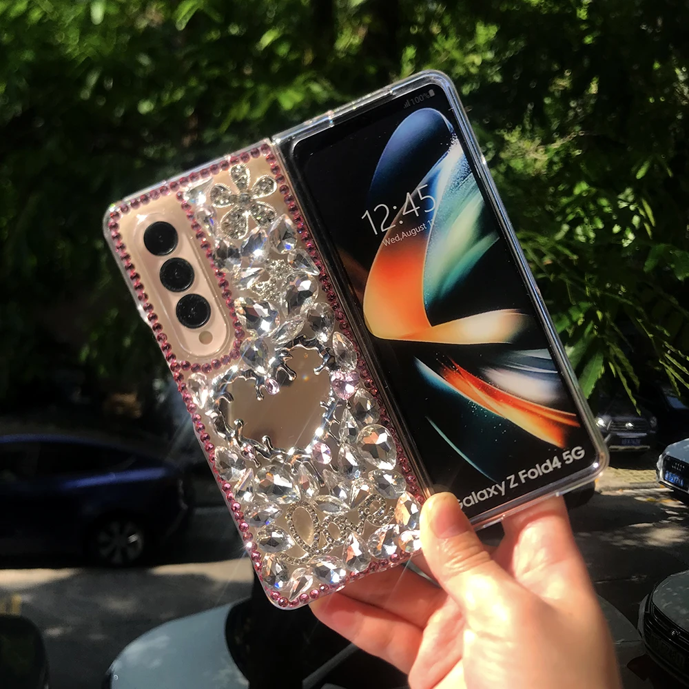 Bling Rhinestone Broken Heart Mirror Phone Case For Samsung Galaxy Z Fold 7 6 5 4 3 Diamond Flowers Water Drop Crystal PC Cover