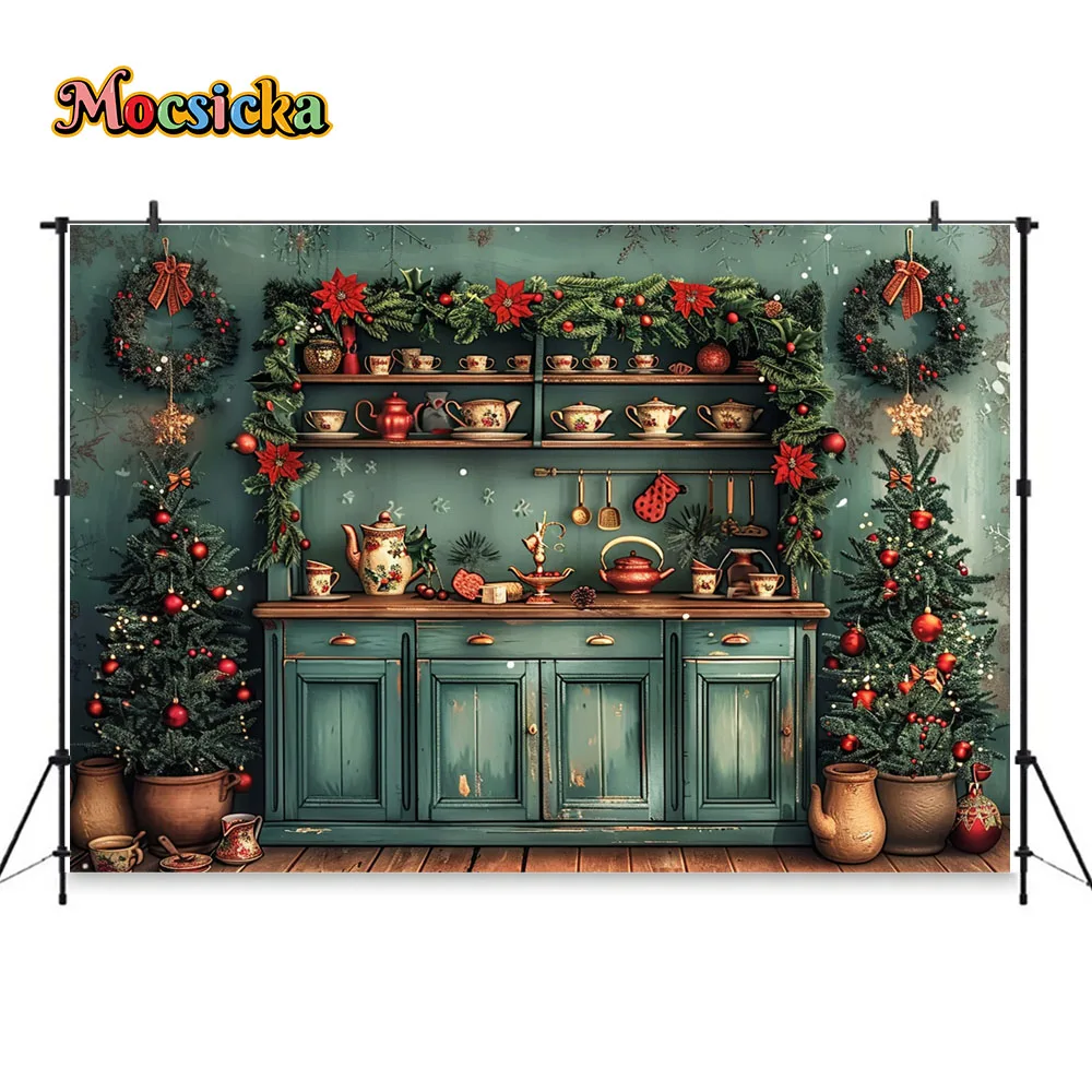 Christmas Theme Kitchen Photography Background Retro Green Tea Cabinet Xmas Tree Glitter Background Family Kids Portrait Studio