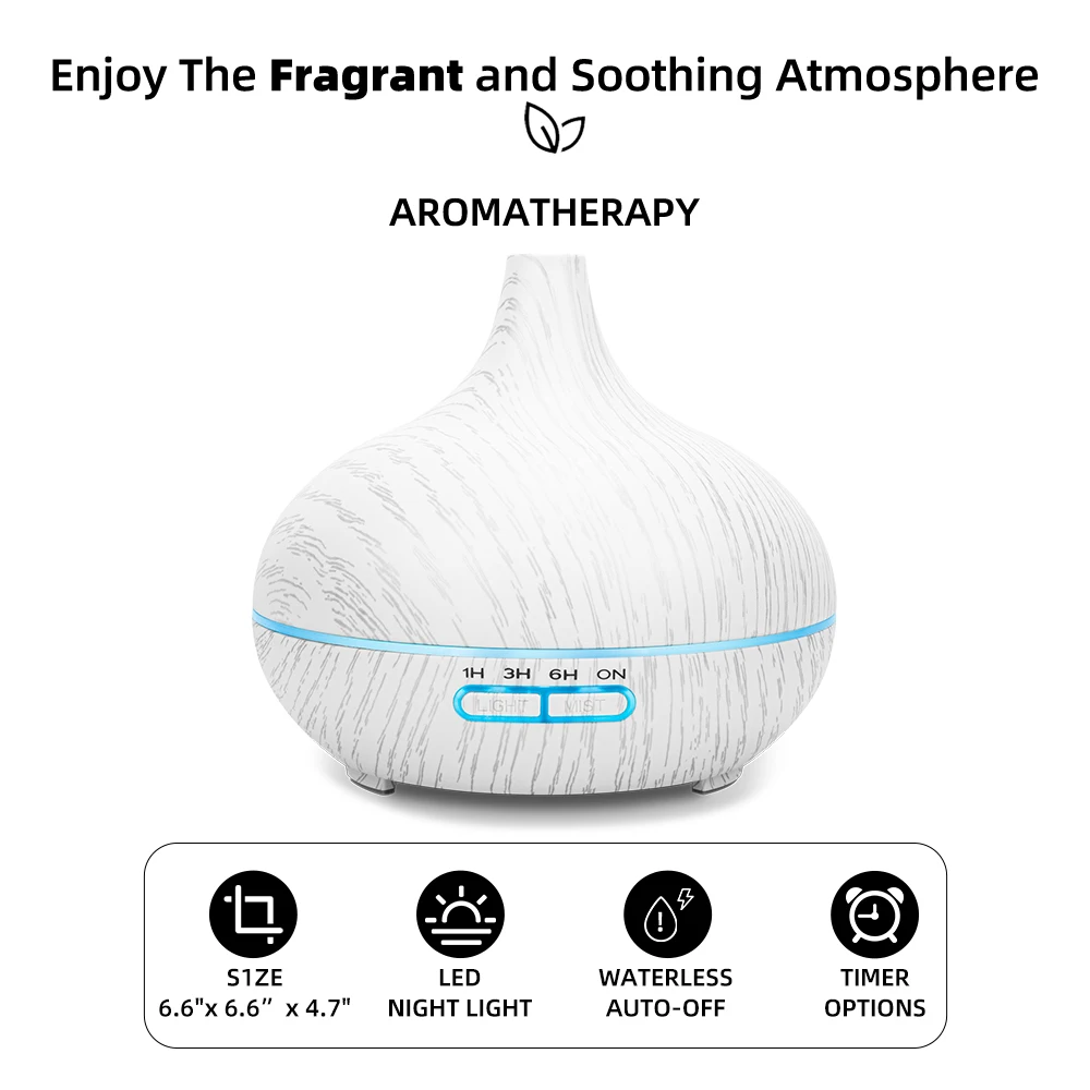 550ml Wood Grain Essential Oil Diffuser & Ultrasonic Humidifier  Remote Control, 6 Premium Oils Whisper Quiet for Bedroom, Offic