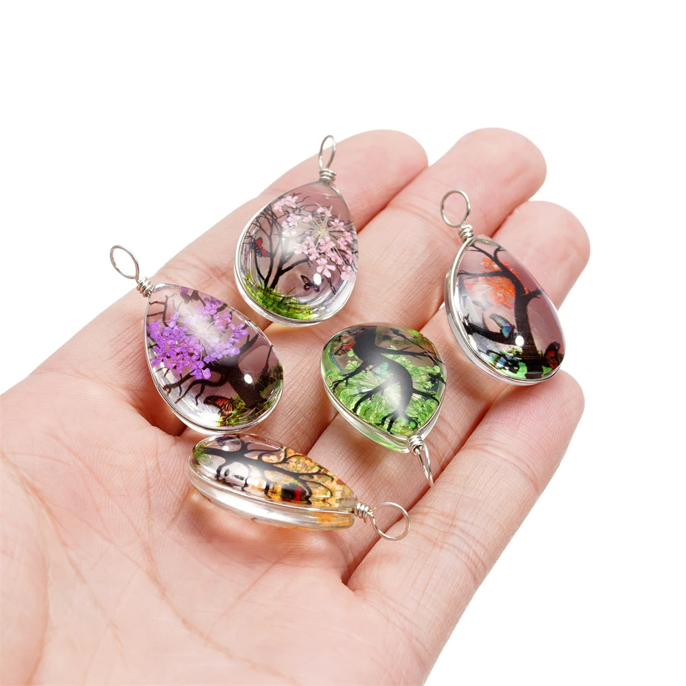 5pcs/lot 34x18mm Crystal Drop Charm Glass Real Dried Flower Necklace Pendant Necklaces For DIY Jewelry Making Accessories