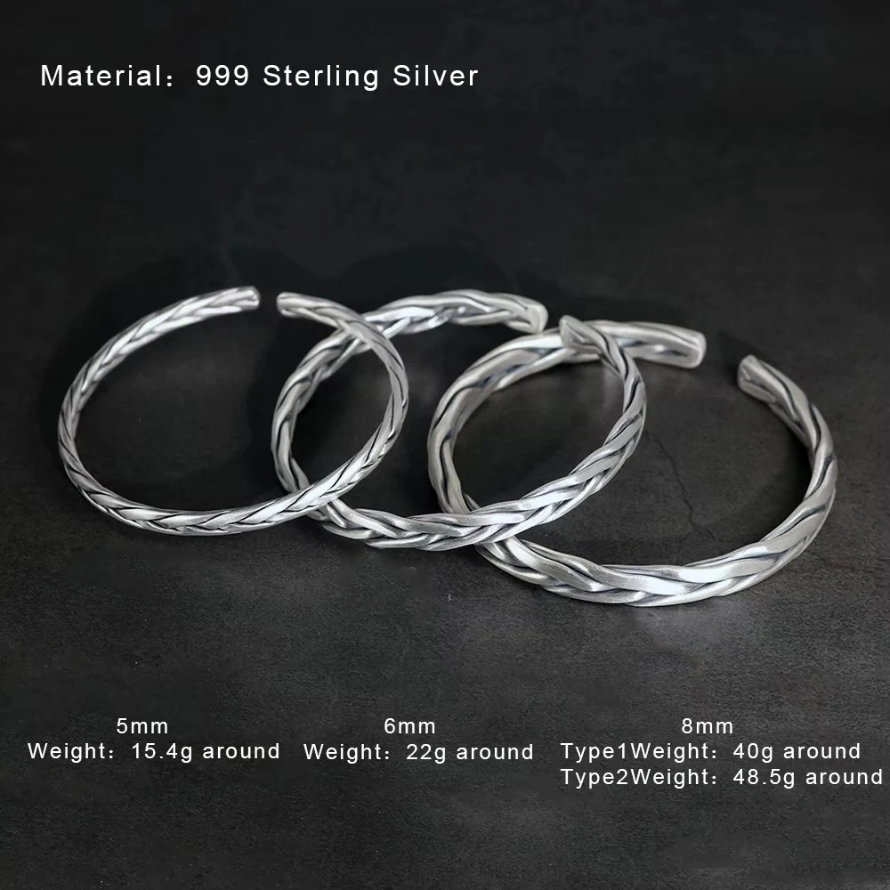 Heavy Solid 999 Pure Silver Twisted Bangles For Men Women