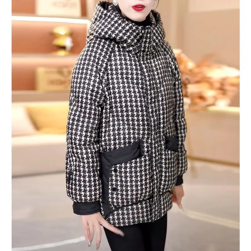 Women's Autumn Winter Top Coat Cotton Coat Houndstooth Middle-aged and Elderly Retro Simple Comfortable Casual Soft Niche Skinny