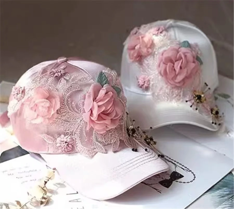 

202407-shi ins dropshipping designer satin gloss Beautiful Lace Flowers young girl lady baseball hat women leisure visors cap