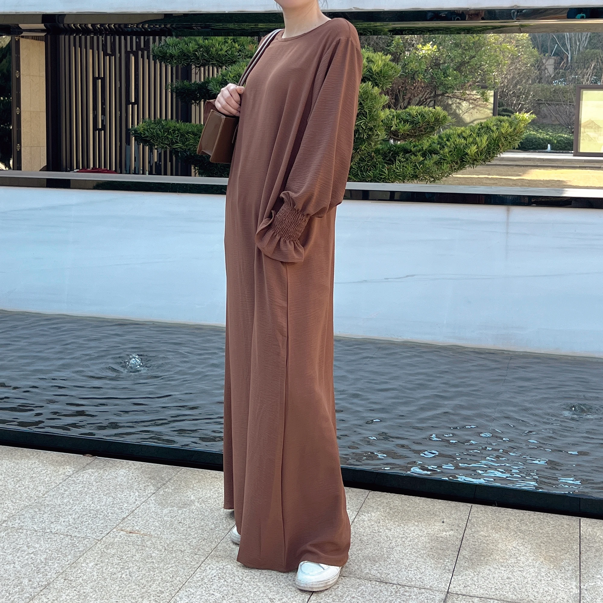 Sob abaya interior longo deslizamento vestido cor sólida smocked punhos roupas islâmicas mulher muçulmana casual dubai turc modesto hijabi robe