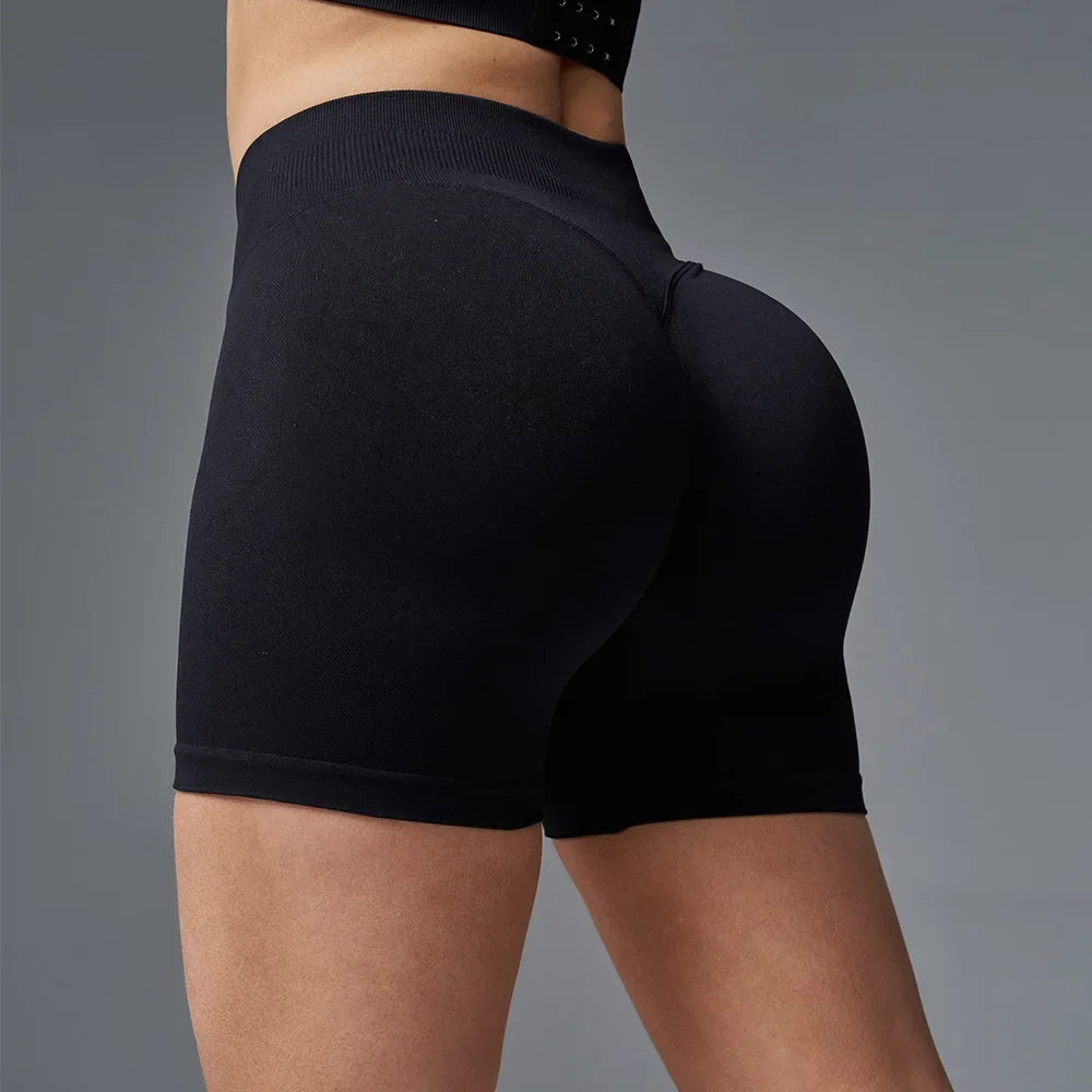 Pantalones cortos sin costuras para mujer, pantalones cortos de gimnasio con cintura baja acanalada, pantalones cortos de Yoga para levantamiento de glúteos, pantalones cortos para correr y bicicleta de estiramiento alto