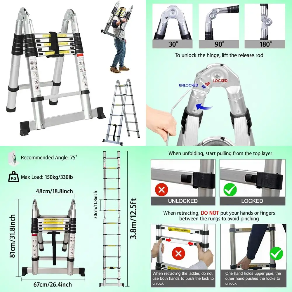 Aluminum Telescopic Ladder - 12.5FT Folding Extension A-Frame 3.8m Straight Ladder Portable Multi-Purpose with 1.9m+1.9m Section