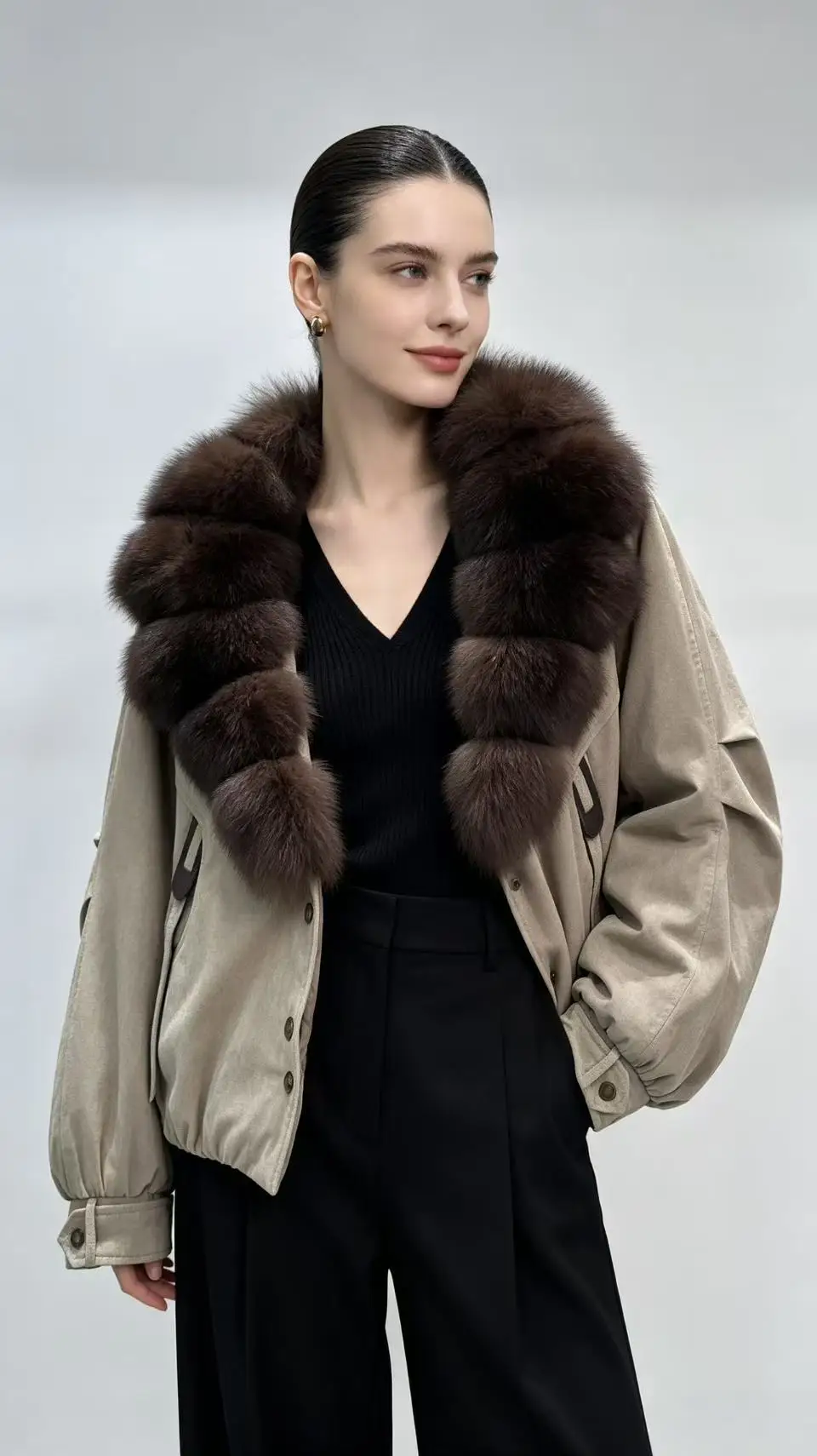 Winter Suede Natural Large Fur Collar Down Jacket Female Single-breasted Warm Parker Jacket Women White Duck Down Short Outwears
