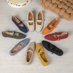 2024 Leisure Weaving Flats Women Ankle Strap Pearl Mary Stretch Fabric Ballerina Knitting Moccasins Mesh Solid Color Shoes