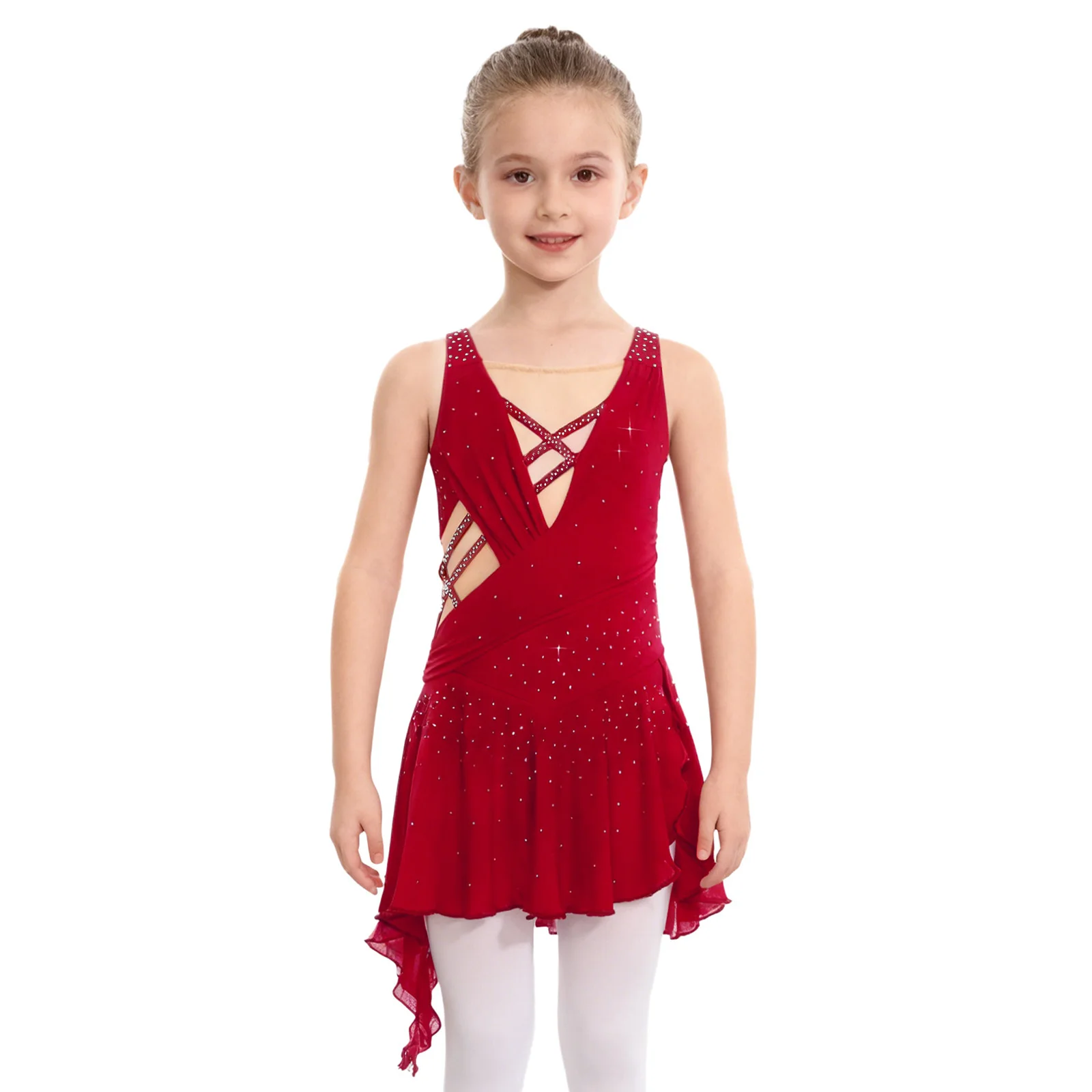 Crianças meninas ballet dança latina traje pura malha retalhos sem mangas v-back fenda lateral vestido para patinação artística ginástica