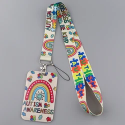 KKZ776 Rainbow Lanyard Card ID Holder Car KeyChain Autism Puzzle ID Card Pass Gym Phone Badge Doctor Key Ring Holder Jewelry