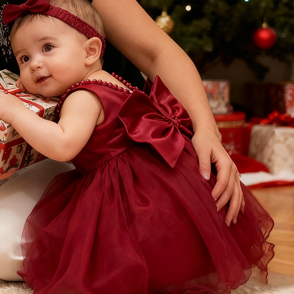 Blumenmädchen Weihnachtskleider für Hochzeit Elegantes Kinder-Weihnachtskleid + Kopfbedeckung Kurzarm Kinder Neujahrskleidung Geburtstagsfeier