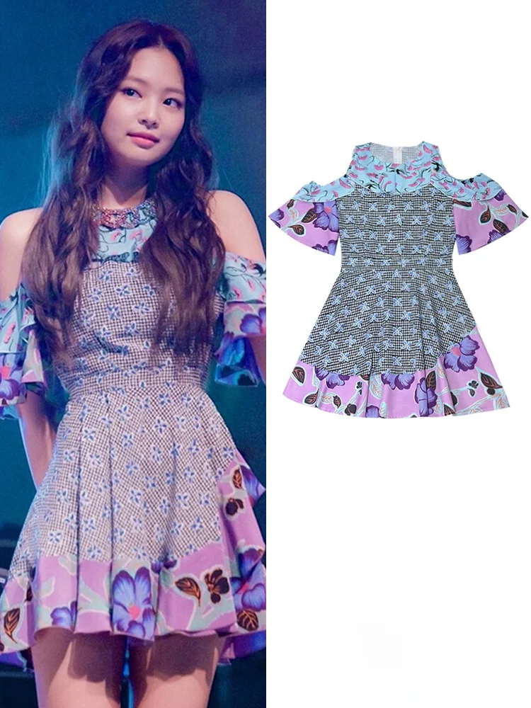 

Jennie Stage Performance Floral Print off Shoulder Sexy Slim A-Line Dress High Waist Retro Style Summer Dress