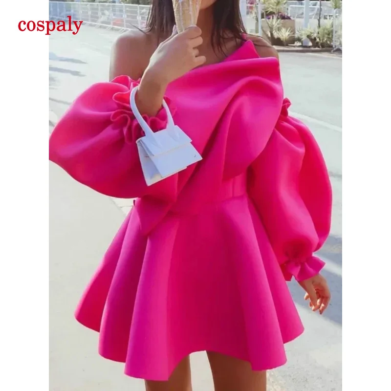 Sexy party dress mini pleated puff sleeve one shoulder spaghetti strap women backless clubwear night Christmas Turis