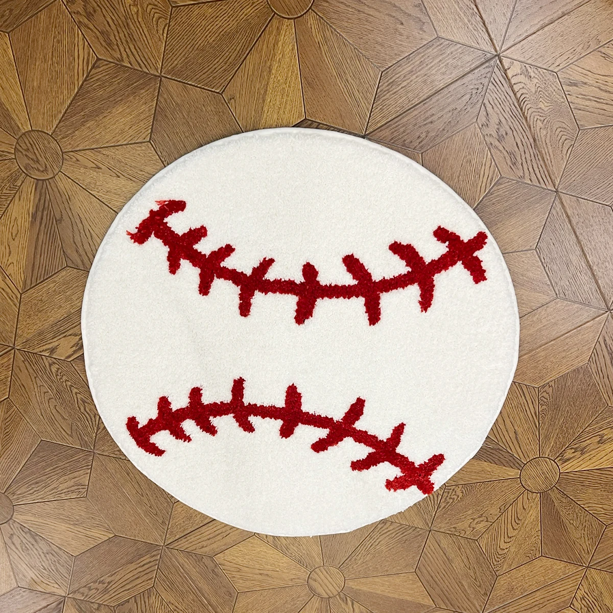 Baseball Stitch Design Round Tufted Rug  Non-slip Hallway Soft Carpet and Cozy for Sports Themed Rooms and Kids Play Areas