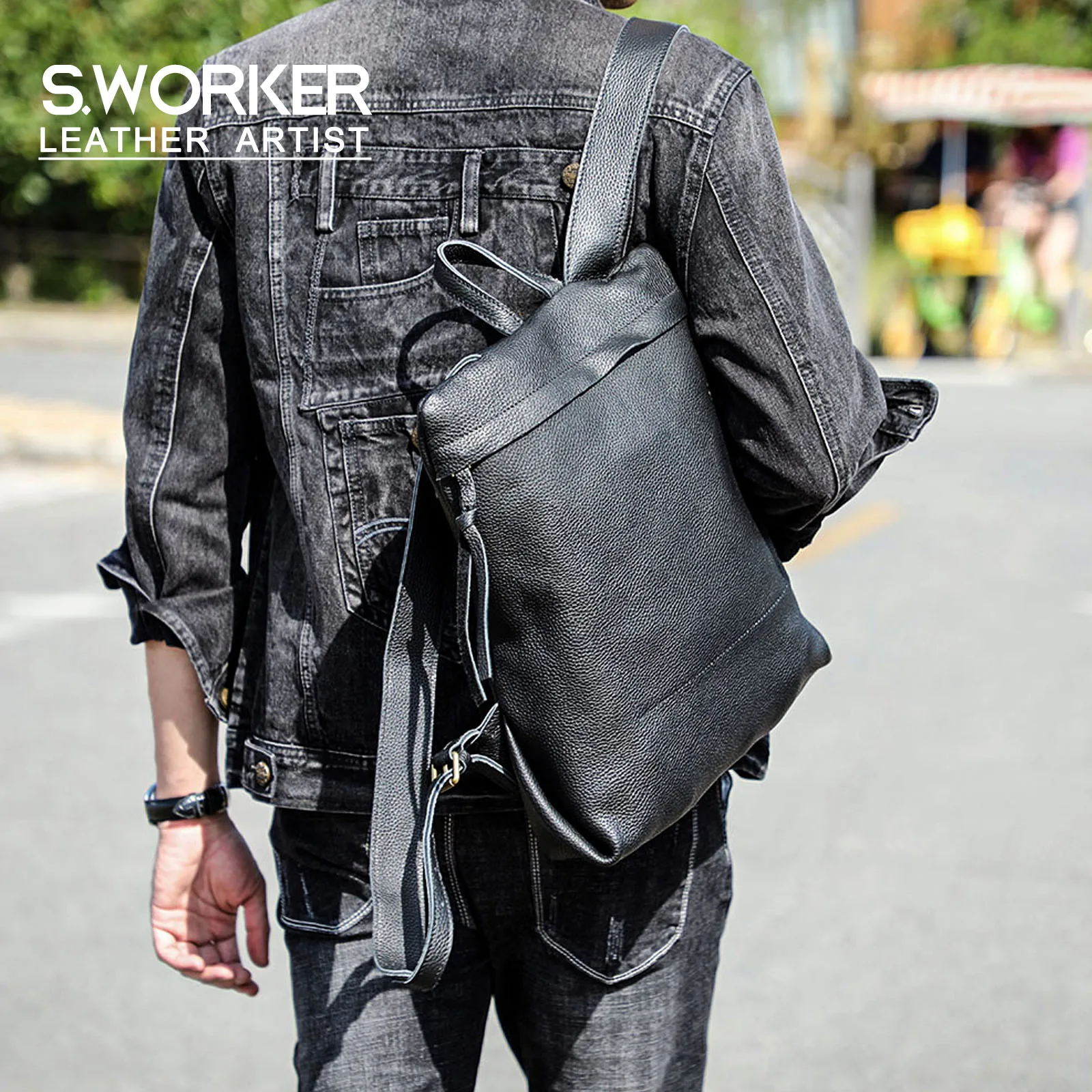 S.WORKER Lässiger Rucksack aus echtem Leder, Vollnarbenleder, Laptop-Umhängetasche, Schultasche, modisch – Detail 2