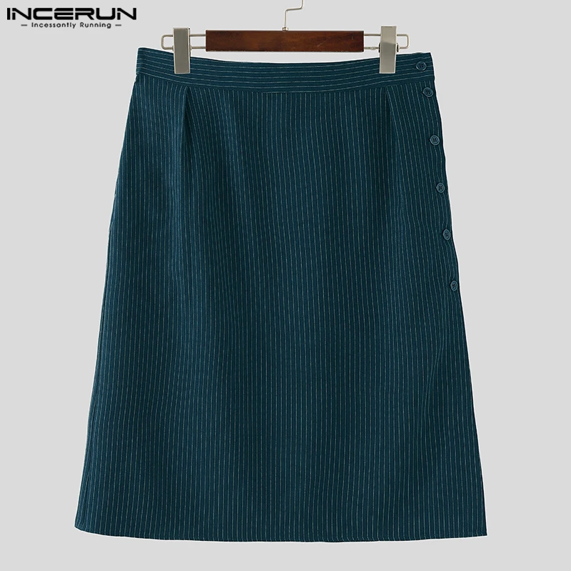INCERUN Men Striped Skirts Pants Button Split Casual Men Bottoms Streetwear Loose 2025 Personality Fashion Male Skirts Trousers