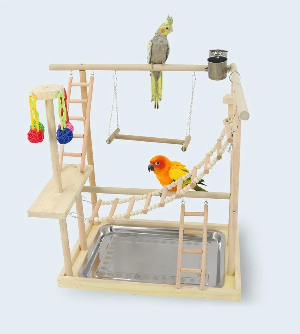 48*33*53cm Parrot Playstands With Cup Toys Tray Bird Swing Climbing Hanging Ladder Bridge Wood Cockatiel Playground Bird Perches