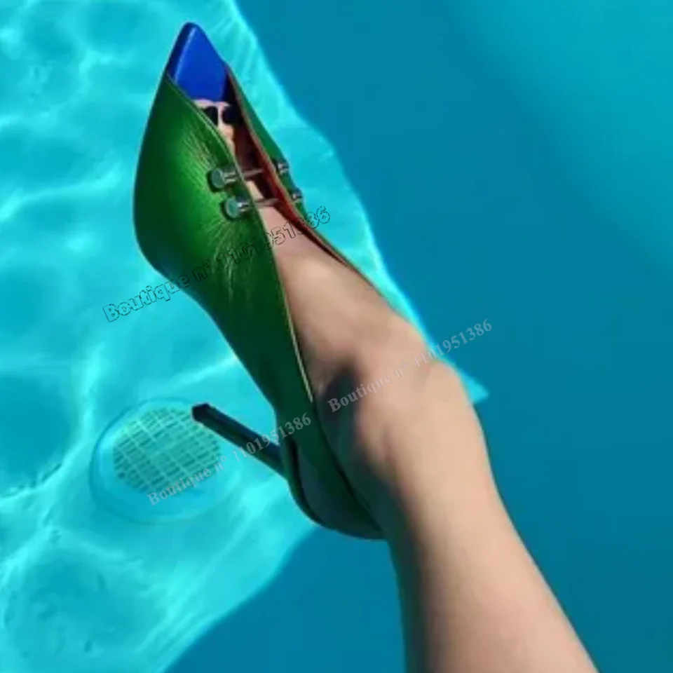 

Green Peep Toe Rivet Decor Sandals Metal Decor Front Cut Out High Heel Women Shoes Summer Fashion Heels 2023 Zapatillas Mujer