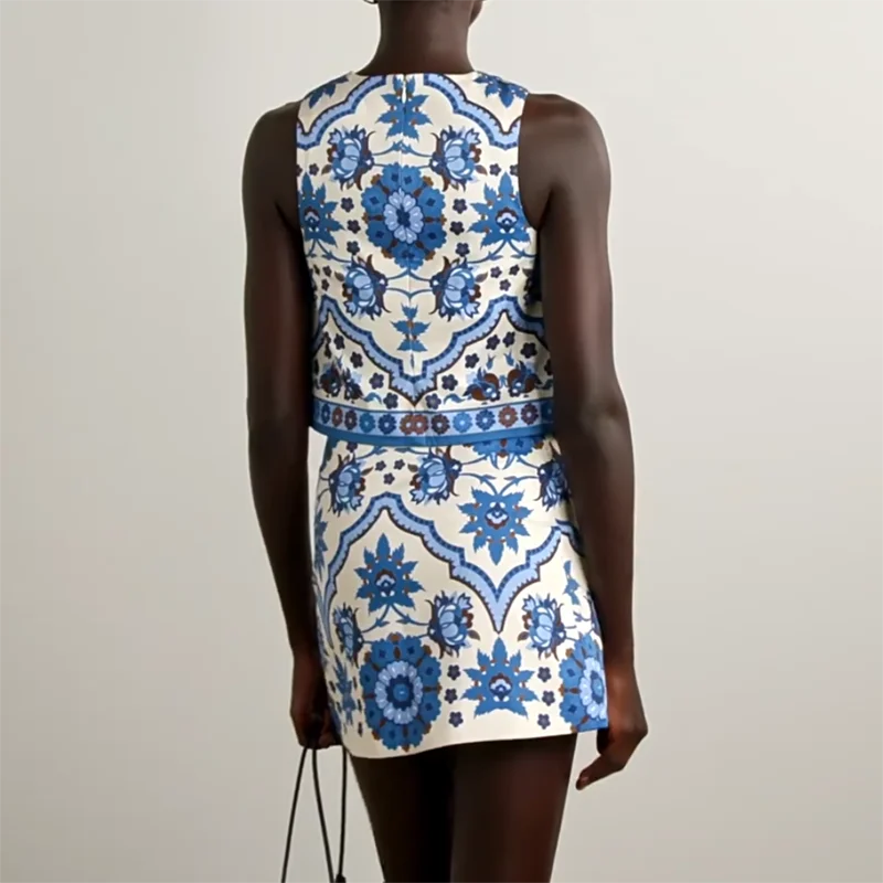 Azul impresso vintage mulher roupas 2025 primavera em torno do pescoço regatas & mini saia 2 peça conjunto verão sem mangas zip terno outfits