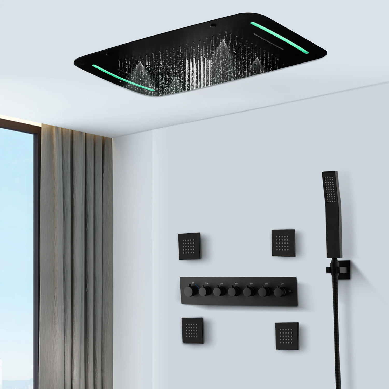 

Modern Bathroom 6 Function Smart Shower Head Rainfall Waterfall Led Shower Set with Body Spray Jets