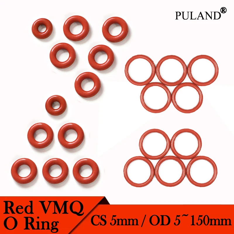 

5/10pcs Red Food Grade VMQ O Ring Gasket CS 5mm OD 15/16/18/20 ~ 150mm Waterproof Washer Round O Shape Silicone Rubber Seal Ring