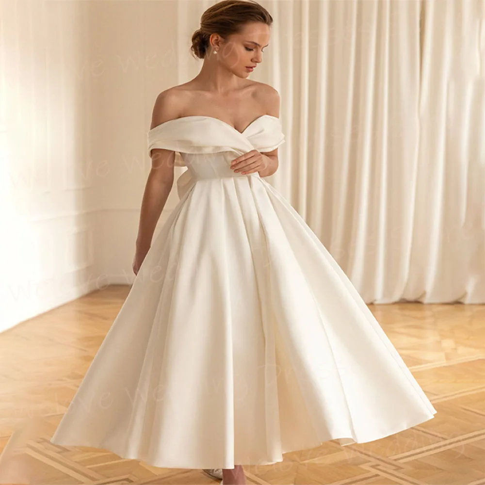 Simple A Line Women's Wedding Dresses Modern Off The Shoulder Short Bride Gowns Sexy Backless Ruched Bow Vestidos Novias Boda