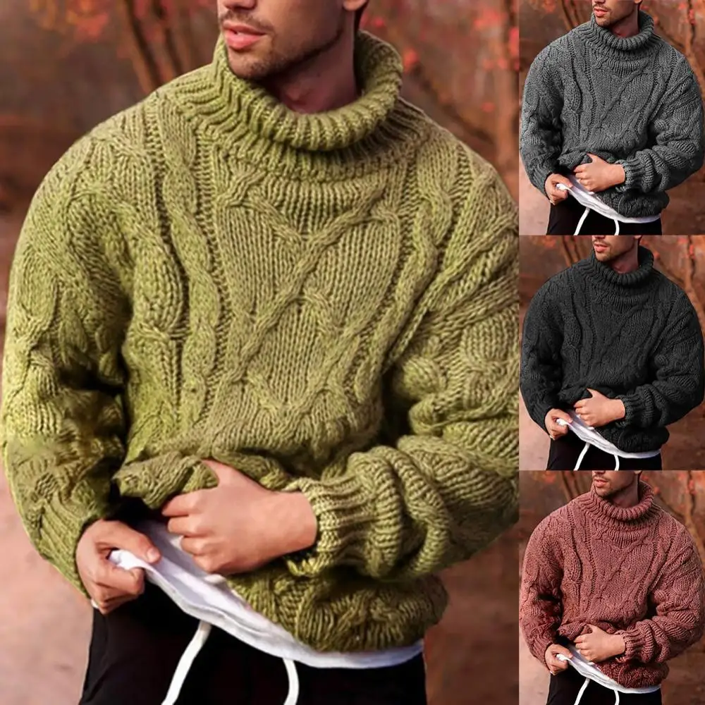 Jersey de algodón cálido para hombre, Jersey ajustado de punto trenzado con cuello de tortuga, Color sólido, moda de otoño e invierno