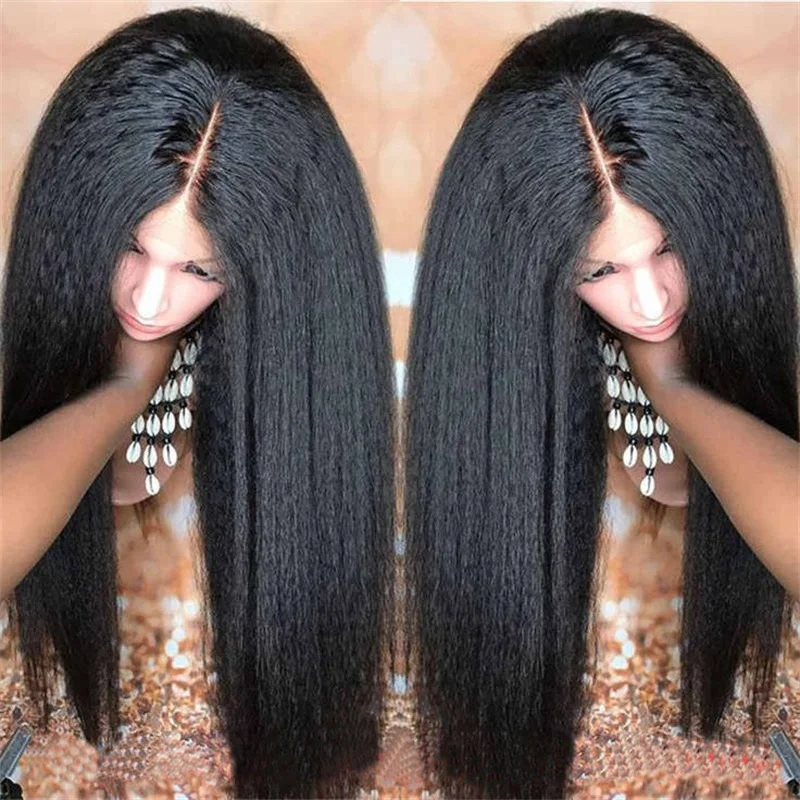 

Soft 180Density 30inch Black Yaki Kinky Straight Lace Front Wig For Women With Baby Hair Synthetic Preplucked Daily Wig Fashion