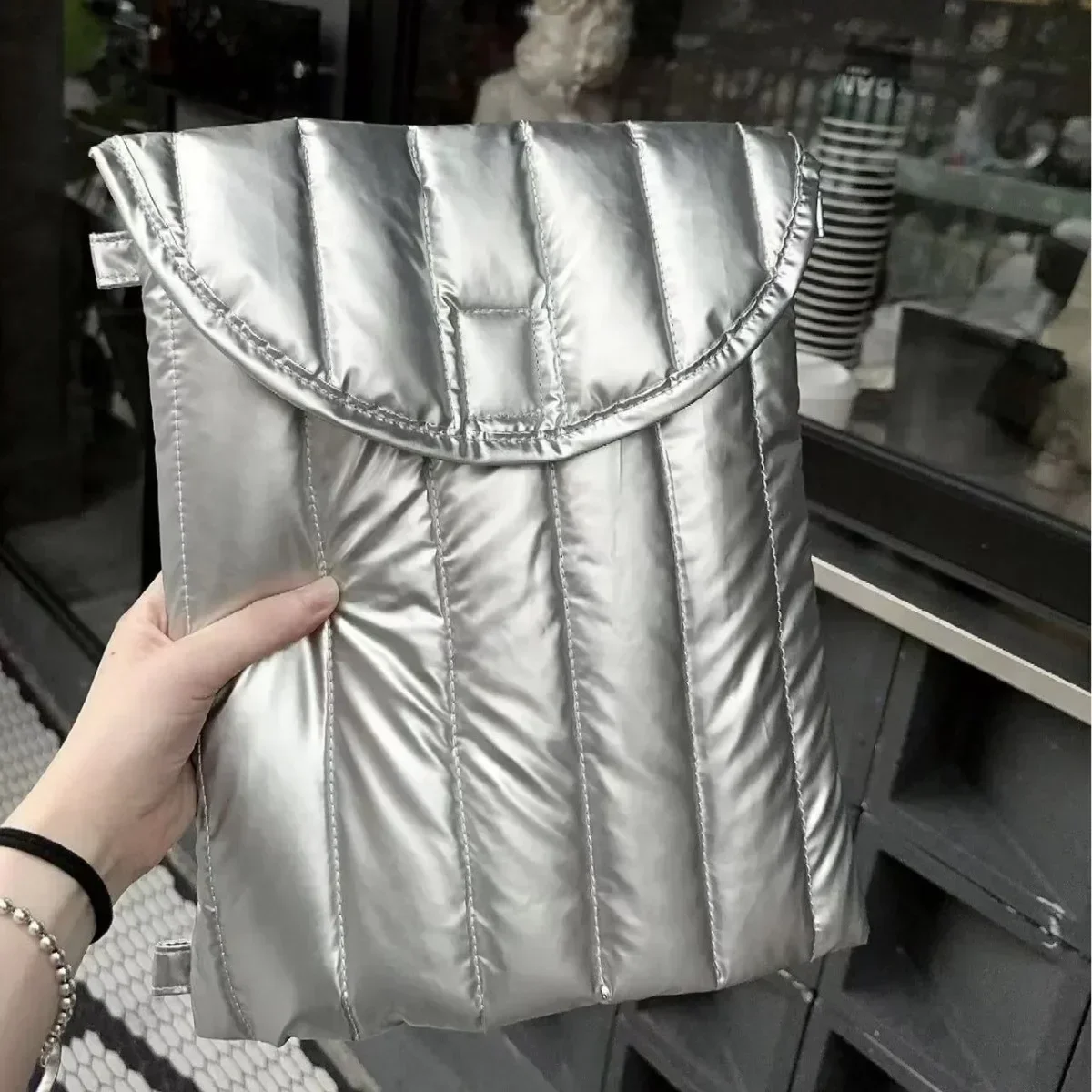 Silver Shoulder Computer Bag Tote Bag Down Cotton Padded Waterproof Mini Puffy Bags Women Light-Weight Quilted Shoulder Purse