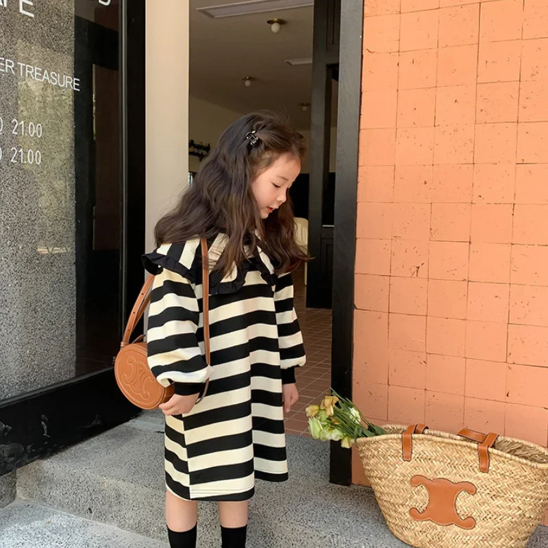 Girls Casual Dresses Striped Print Lapel Long-sleeved Dress Kids Clothes for Girls 3 To 7 Years Princess Dress for Girls