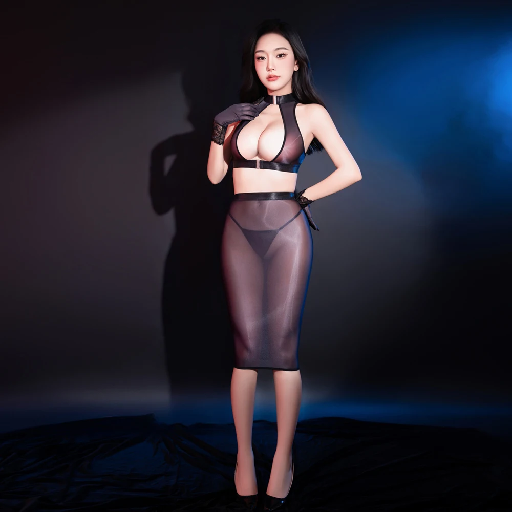 

Sexy Women Double Use Oil Glossy Shiny Micro Mini Skirt Sheer See Through Tight Pencil Elastic Maid Skirt With Tank Top