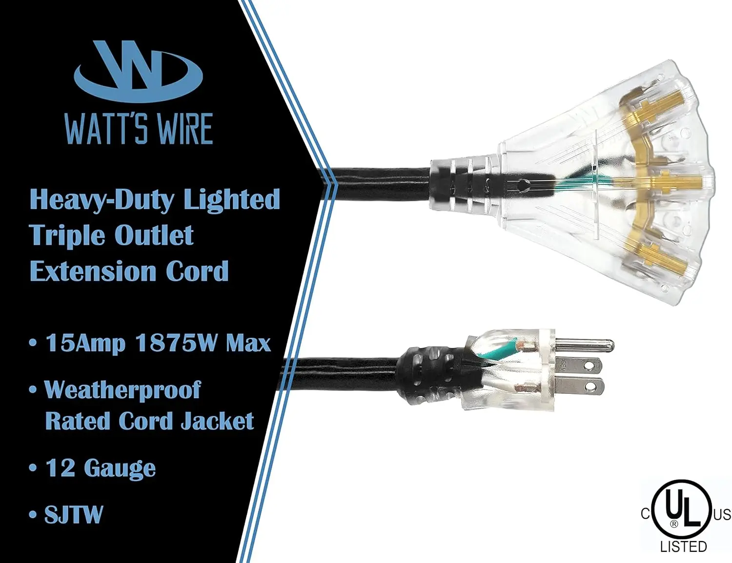 50 ft-12 Gauge Heavy Duty Extension Cord - 3 Outlet Lighted SJTW - Indoor/Outdoor Extension Cord 50' 12-Gauge Grounded