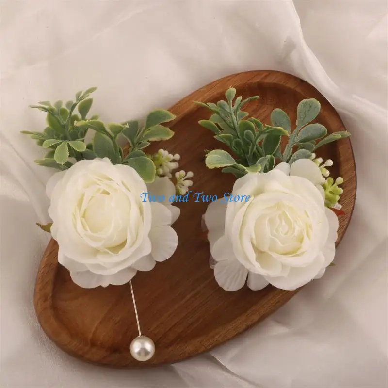 HX6F Eelgant Pearls Decors Wrist Corsage And Boutonniere Set For Wedding Ceremonies