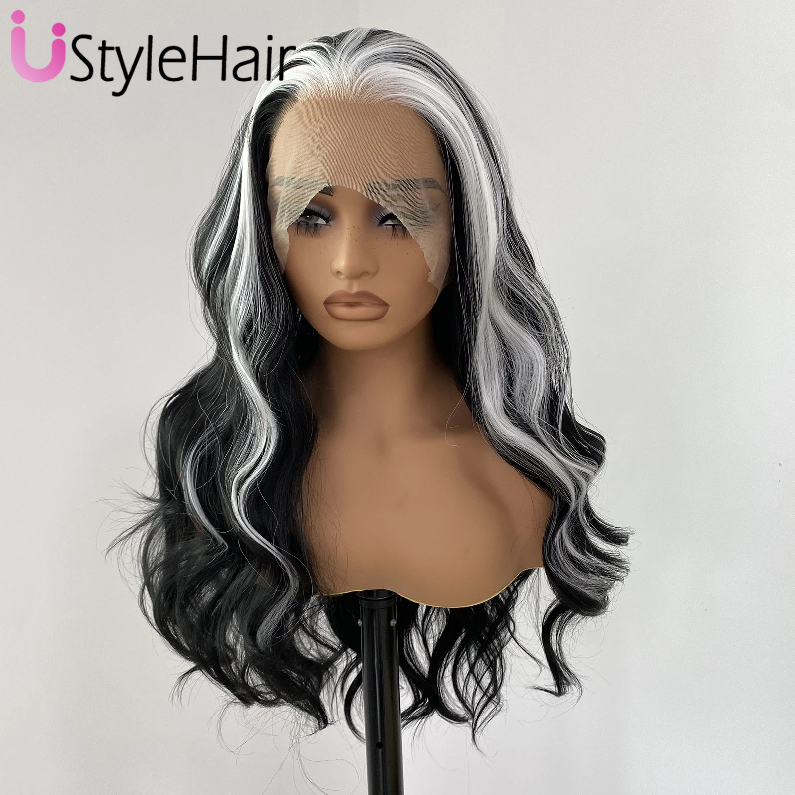 สีดําสีขาวไฮไลท์วิกผม Long Body Wave วิกผมลูกไม้ 13x4 Glueless ผสมสีวิกผมสังเคราะห์ลูกไม้ด้านหน้าด้านหน้าธรรมชาติ Hairline สวมใส่ทุกวัน