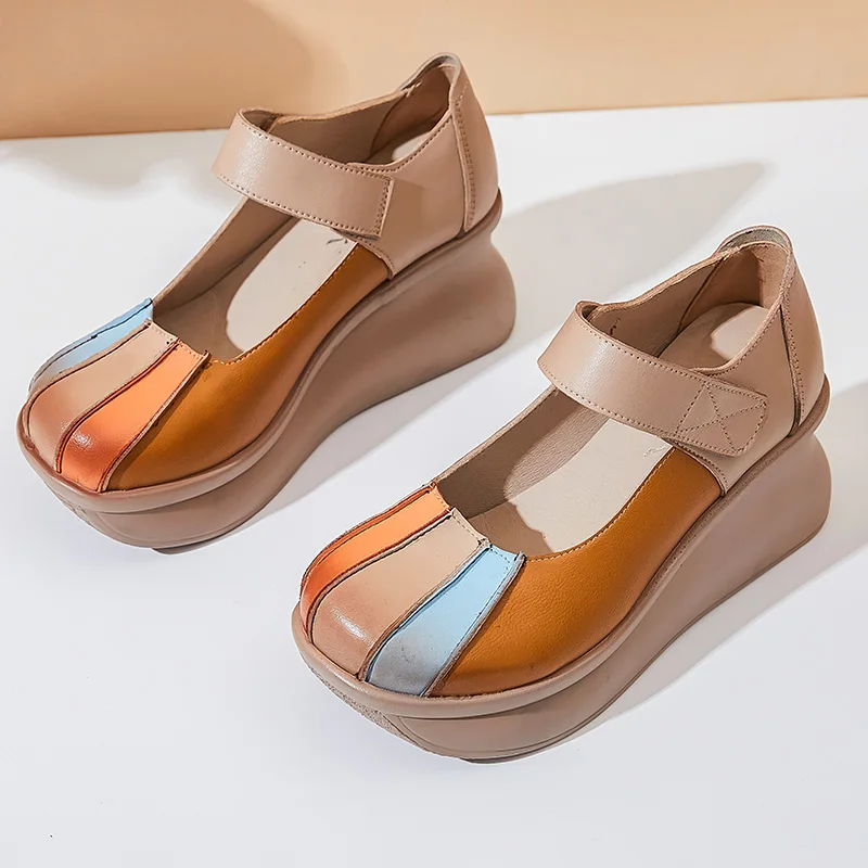 GKTINOO 2024 Spring Retro Women Genuine Leather Shoes National Style Wedges Heels Shoes Thick Sole Casual Ladies Platform Shoes