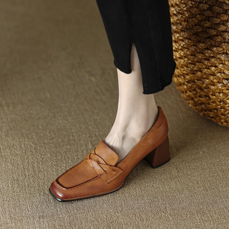 2023 Spring/Autumn Women Loafers Square Toe Chunky Heel Women Shoes NEW Genuine Leather Shoes Women Casual Retro Pumps for Women