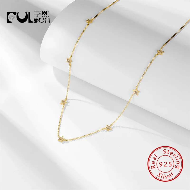 

925 Sterling Silver 14K Gold Plated Multi Star Clear CZ Thin Chain Choker Necklace Women Dainty Minimalist Daily Jewelry Gift