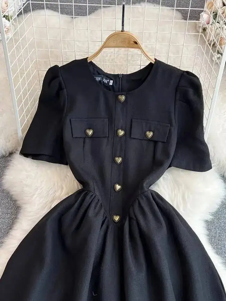 Summer Autumn Black Sundress Short Sleeve Midi Party Dress Women Elegant Puff Sleeve Heart Buttons Evening Long Vestidos Quality