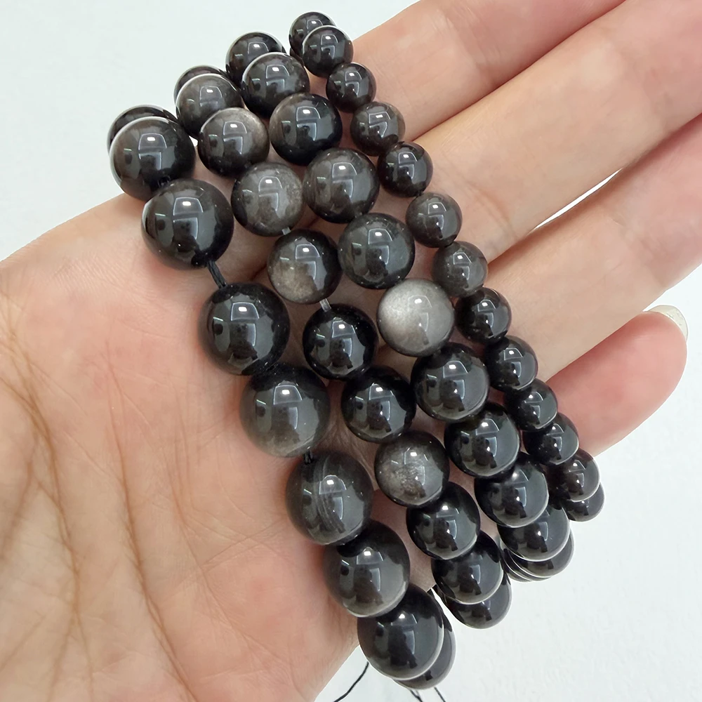 Natural Stone Silver Color Obsidian Round Loose Beads 15