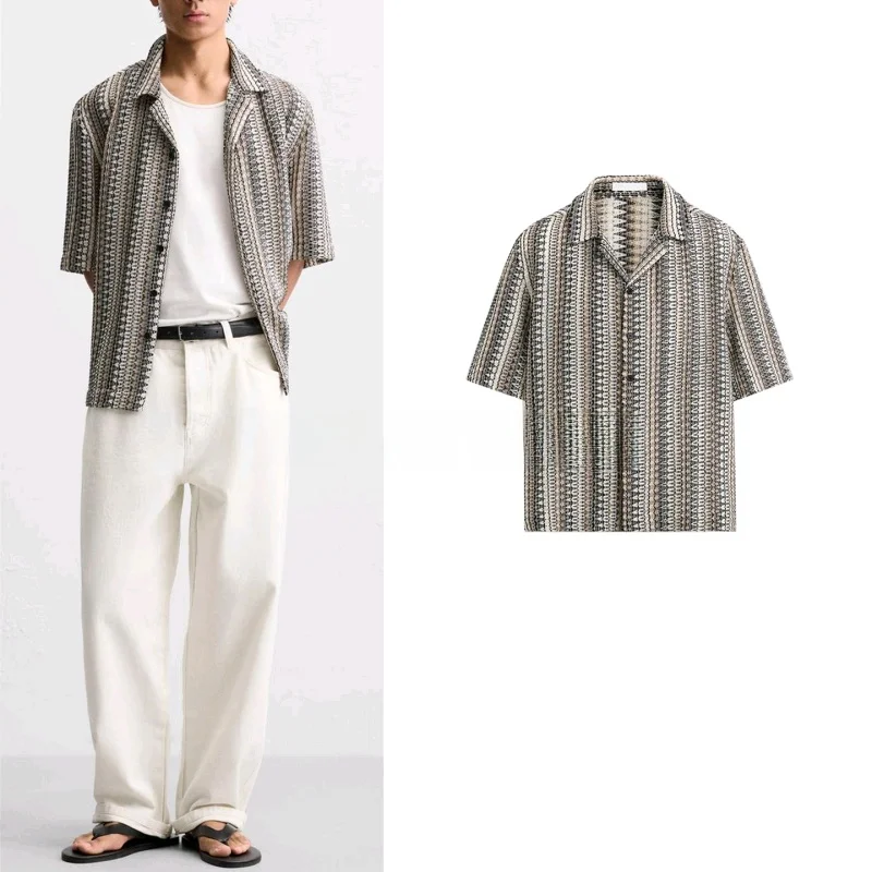 

Summer Men's Loose Fit Bowling irt ort Sve Geometric Pattern Holiday Sle Faion Urban Casual Striped Collar irt